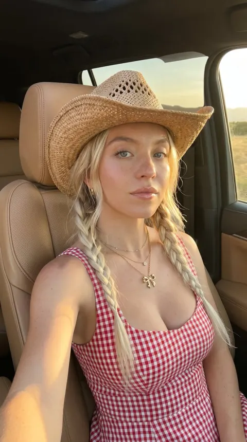 Blonde Woman Luxury SUV Golden Hour Selfie