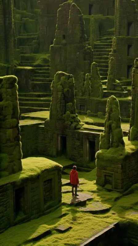 Moss Covered Shrine Ruins in Dappled Sunlight