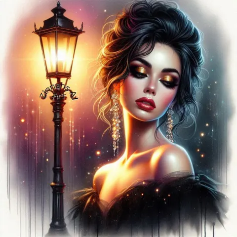 Enchanted Woman in Black Dress Beside Lamppost