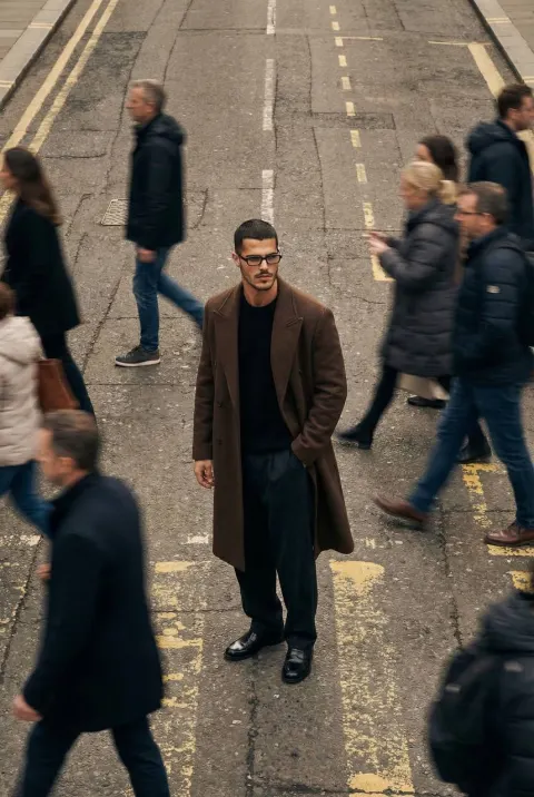 Solitary Man in Busy City Street