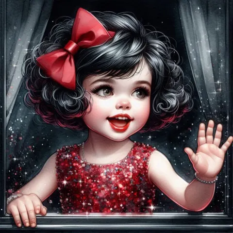 Laughing Curly Haired Girl With Red Bow Caricature