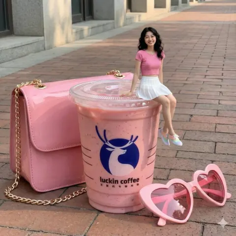 Miniature Woman on Giant Luckin Coffee Cup