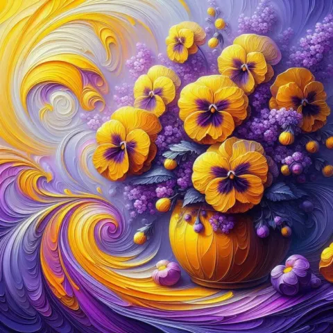 Abstract Purple and Yellow Pansies in Bright Oil Paint