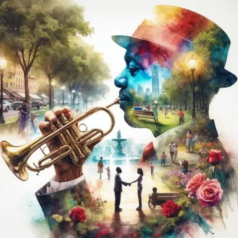 Trumpet Player Profile Double Exposure With Park Scene