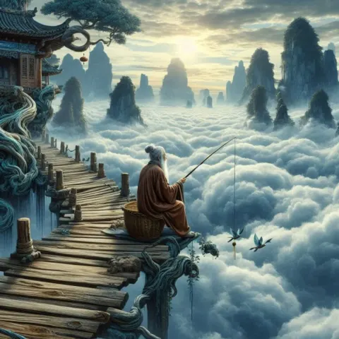 Old Taoist Fishing From Bridge Above Cloud Sea