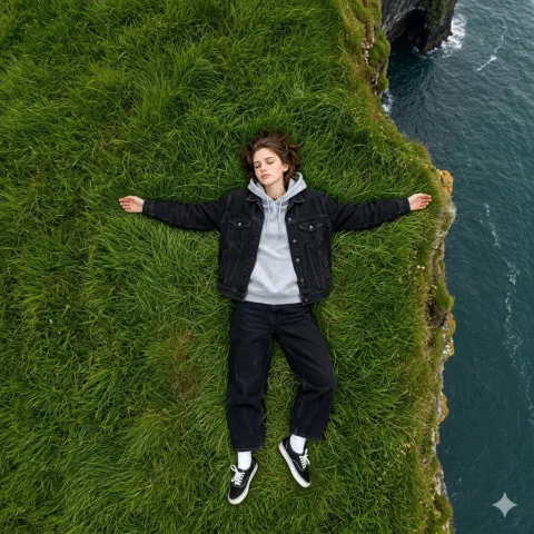 Aerial View Young Man Land Sea