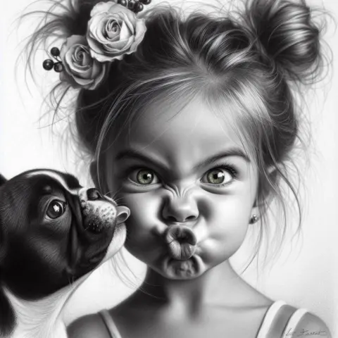 Braided Girl Getting Puppy Kiss on Cheek Portrait