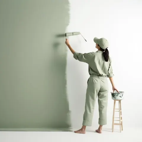Woman in Green Suit Painting White Wall Green