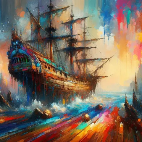 Bright Oil Splatter Fantasy Art on Weathered Ship