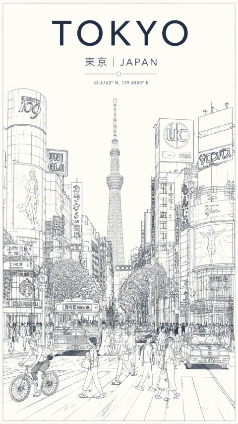 Vertical minimalist line-art city poster of Tokyo