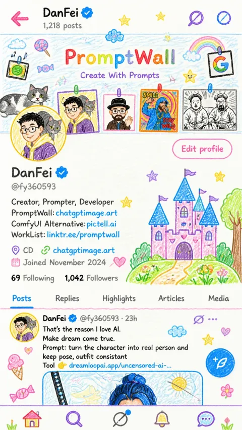 crayon-style illustration of soical media profile