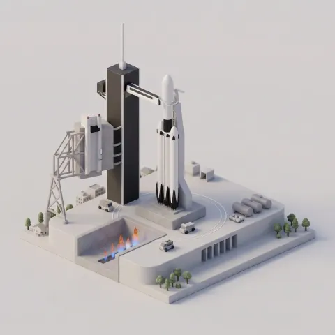 3D isometric diorama of a SpaceX rocket launch pad