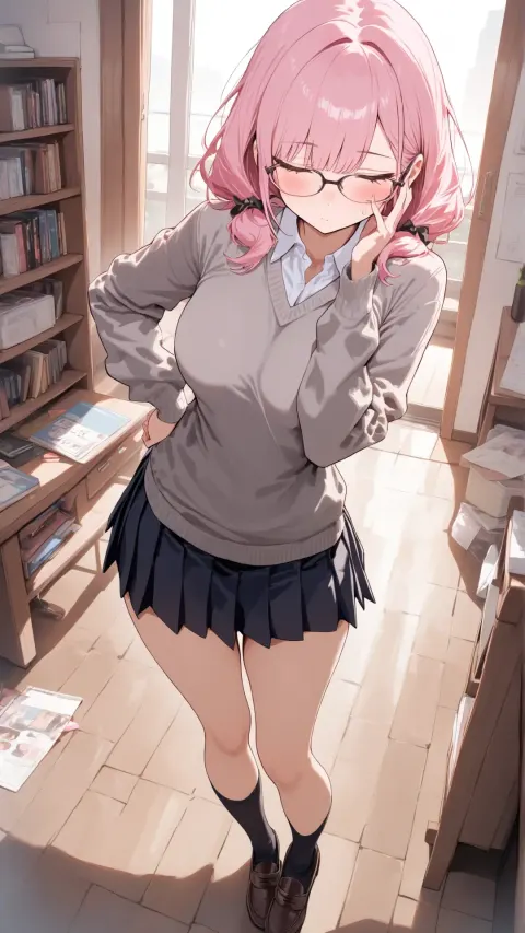 Anime girl pink hair with glasses