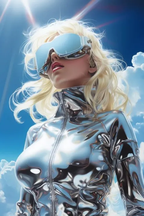 Sorayama Style Metallic Goddess in Colorful Clouds