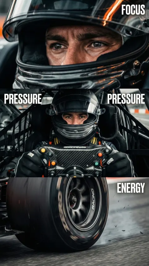 3-panel editorial storyboard of race driver