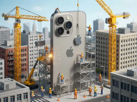 Miniature crew assembling Iphone