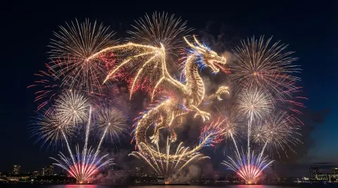 Nighttime firworks of  dragon