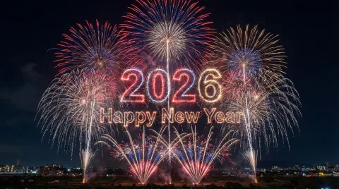 Nighttime fireworks of '2026 happy new year'