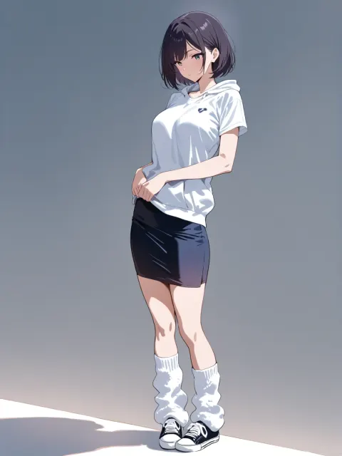 Anime girl in hoodie and pencil skirt