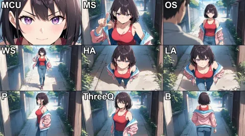 3*3 grid collage of Multi-shot anime character