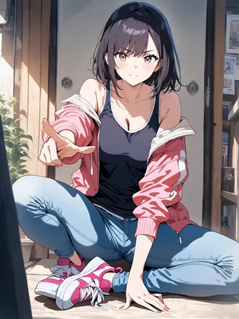 Anime girl in jacket and jeans