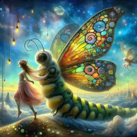 Stained Glass Fairy Dancing With Patchwork Caterpillar