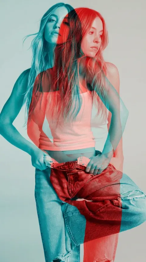 red–blue-double-exposure effect Sydney Sweeney