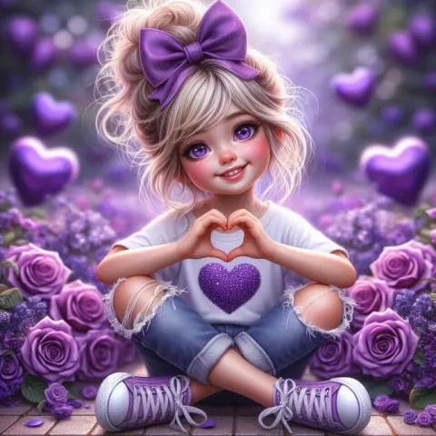 Blonde Girl With Purple Bow Sitting Cross Legged