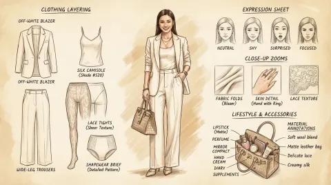 Fashion-style concept breakdown sheet of woman