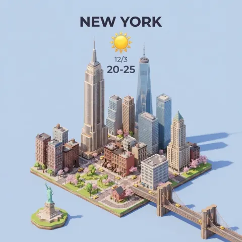 3D cartoon weather card of New York City
