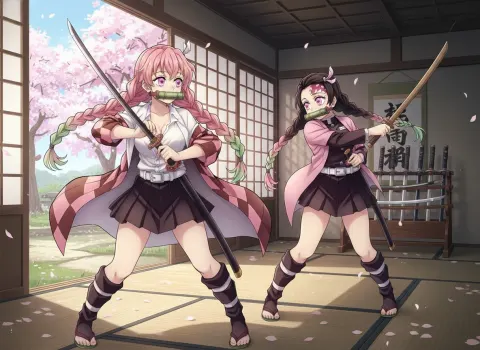 Kanroji and kamado practicing sword indoor