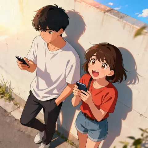 Two teenagers standing against wall with phones