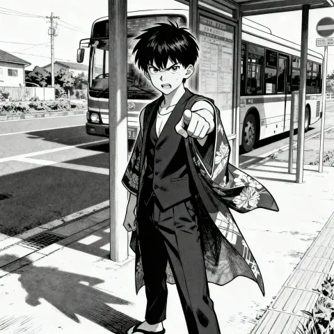 Black and white manga of young boy at bus stop