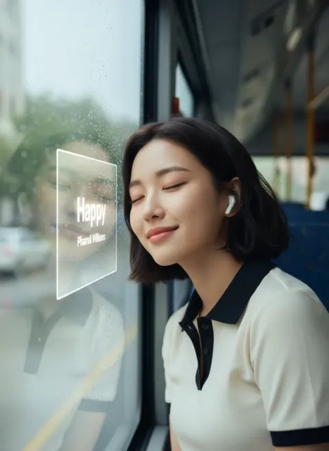 Happy girl on bus with glass music palyer
