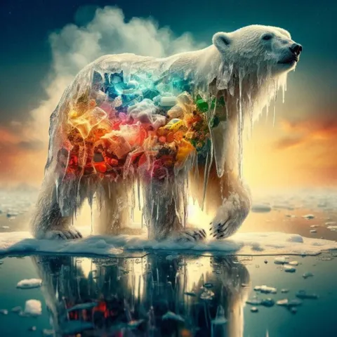Melting Ice Polar Bear Revealing Hidden Garbage Collage