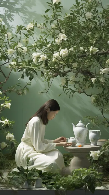Chinese Girl Under Tea Tree With White Camellias