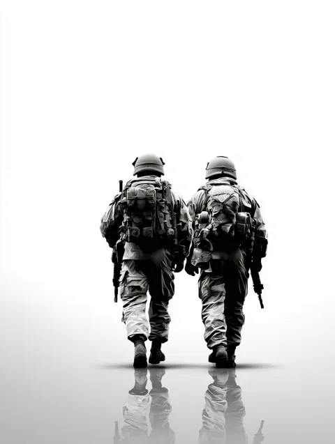Black and white studio photo of two soilder