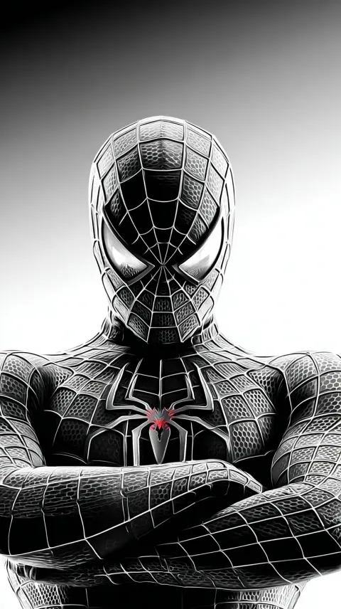 Black and white studio portrait of Spider Man