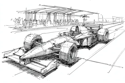 Black and white sketch of F1 car