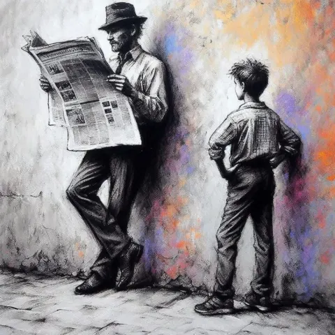 Charcoal Oil Painting of Hatted Man Reading Newspaper