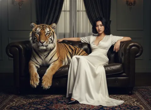 Woman portrait in low neck dress with tiger