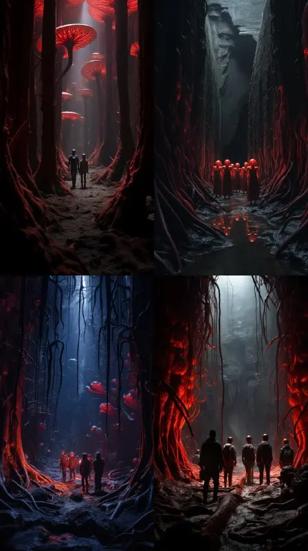 Alien Baltans Marching Through Bioluminescent Ruins