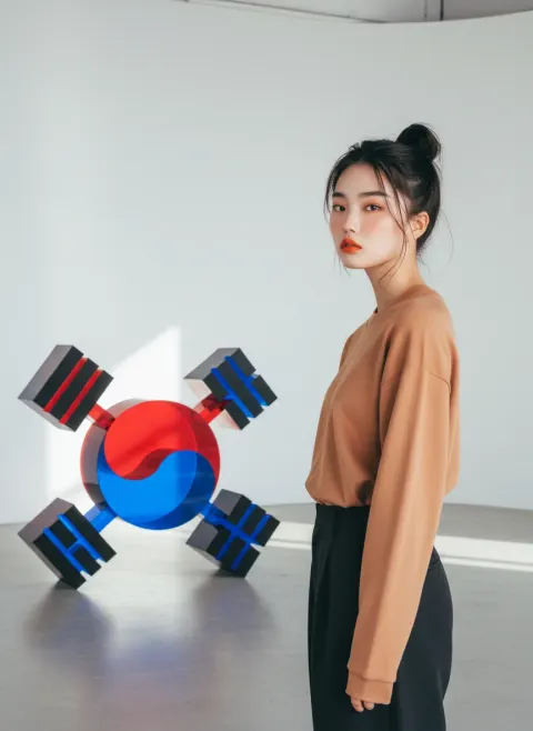 Woman standing with Korea flag sculpture