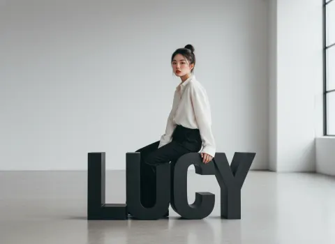 Girl sitting on Letters sculpture of her name