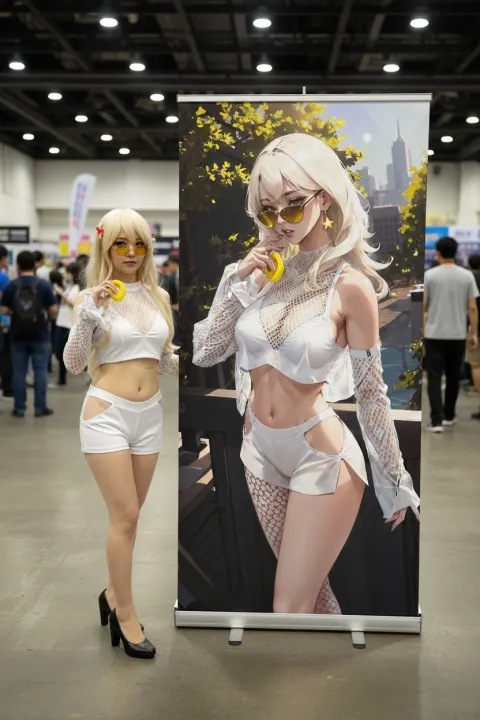 Cosplayer beside the banner of anime character