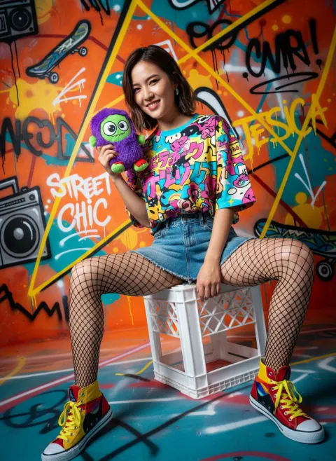 Young woman portrait before graffiti wall