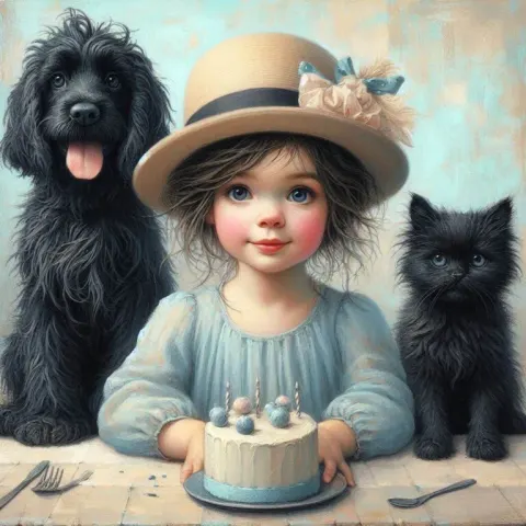 Girl With Spaniel and Cat at Birthday Cake Acrylic