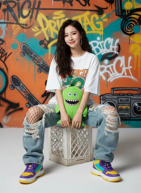 Young girl portrait before graffiti-style wall