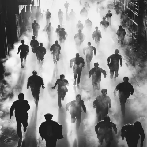 Monochrome Cinematic Stampede of Running People