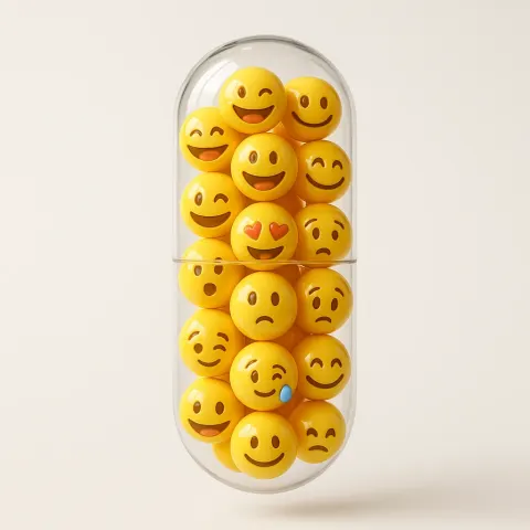 A transparent glass capsule with emoji balls in it